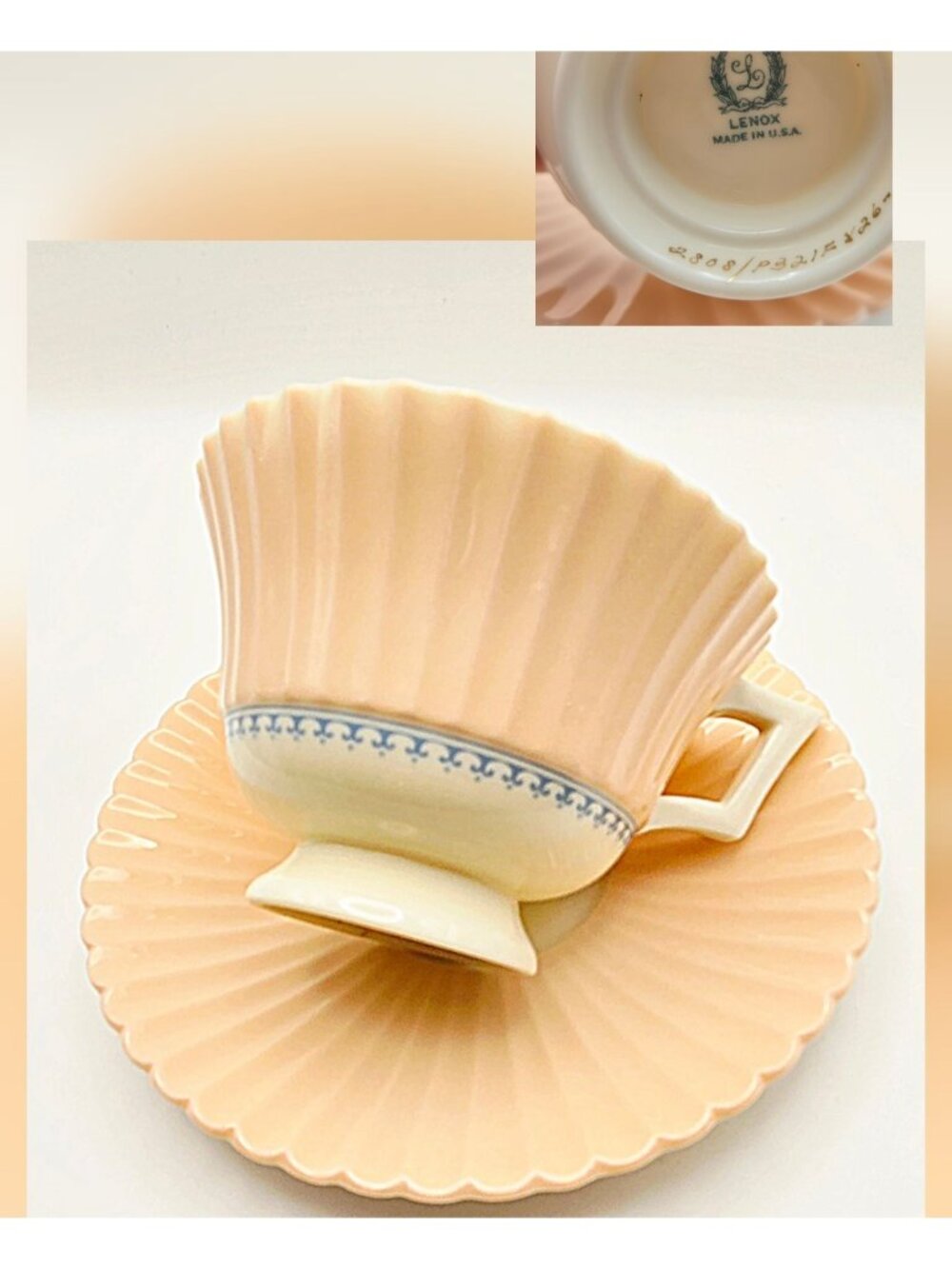 Vintage Lenox China "Joan" Cup Saucer Set Pink Blue Scallops Discontinued 1939,